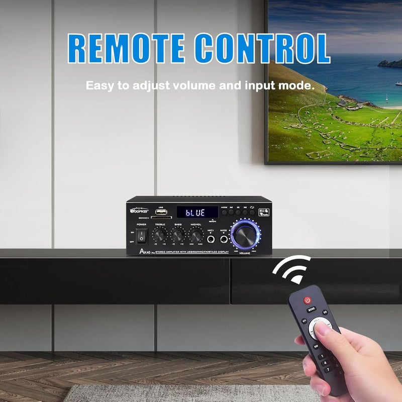 WOOPKER AK45 Pro Amplifier Home Audio Stereo Receivers with Bluetooth 5.0,Max 400W,2.0 Channel Stereo Amplifier System for Home Theater Speakers, Karaoke,Garage,Home Amp with USB,SD,RCA,2 MIC in - Image 5